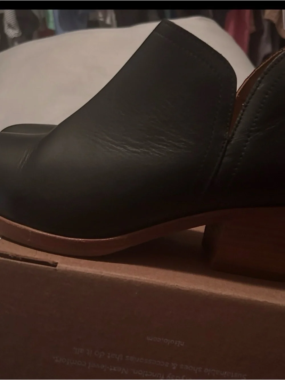 Nisolo Black Leather Ankle Booties with Tan Wood Heel